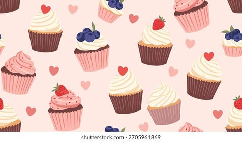 Sweet seamless Valentine's Day pattern with delicious cupcakes decorated with berries and hearts on a soft pink background.