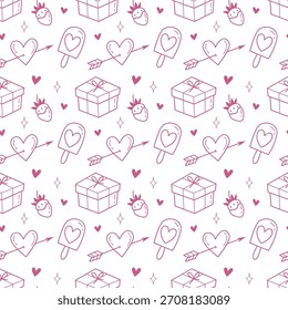 Sweet seamless Valentines Day pattern with gifts and hearts. Perfect for wrapping. Ideal for romantic designs