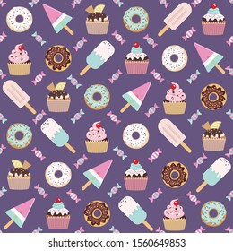Sweet seamless vector background of donuts, candies, cupcakes and fruit ice cream. Cute color pattern on violet background. Illustration of yummy desserts. Beautiful design illustrations.
