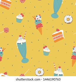Sweet seamless vector background with ice cream,cake, cupcake and donuts. Birthday repeat pattern sweet food.