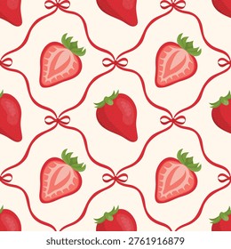 Sweet seamless vector pattern with fresh strawberries and decorative bows in soft pink and red tones. Charming cottagecore design perfect for kitchen decor, summer fabrics, gift wrap, scrapbooking, nursery projects, and berry-themed creations.