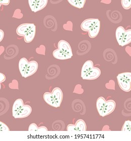 Sweet seamless vector scattered pink apple repeat pattern with swirls and hearts on a dusky pink background