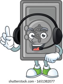 Diseño de personaje de caricatura en una caja de seguridad dulce que habla en un auricular
