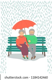 Sweet senior couple with an umbrella sitting on a bench in the rain. Rainy weather. Love, caring, overcoming difficulties together concepts. Original vector illustration.