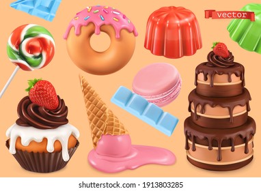 Sweet set. 3d vector realistic objects. Cupcake, cake, donuts, jelly, ice cream, candy. Food icons