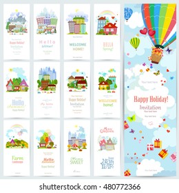 sweet set banners of cute cityscape. Urban landscape of four seasons. invitation card with hot air balloon over the city with gifts