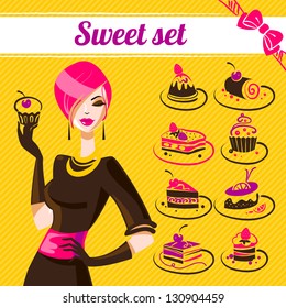 Sweet set, cakes icons 	