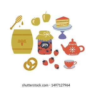 Sweet set in cartoon style, a barrel of honey, pretzel, sweets, pie on a stand, apples, strawberries, jam. Vector illustration. Scandinavian style cafe menu, banner, cookbook page