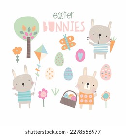 A sweet set of Easter bunnies, easter eggs and flowers.
Created in a pastel colour palette.
Easter vector illustrations.