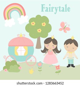 A sweet set of fairytale elements, prince and princess, carriage and flowers.
10 vector illustrations.