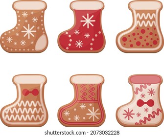 A sweet set of gingerbread cookies in the form of a boot with various patterns. Collection of Christmas gingerbread. Sweet festive baking sock. Vector illustration