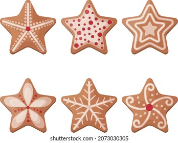 A sweet set of gingerbread cookies with various patterns. Collection of Christmas gingerbread. Sweet holiday pastries. Vector illustration