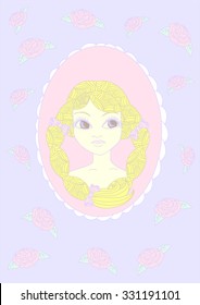 Sweet set of a girl pigtail hair with pink rose and purple background