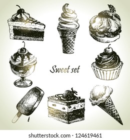 Sweet set. Hand drawn illustrations of cake and ice cream