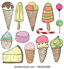 Sweet set. Hand drawn illustrations of cake, ice cream, cheesecake and others. 