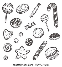 Sweet set. Hand drawn vector illustration. Candy, caramel, cookies, lollypop, chocolate and other desserts. Can be used for cafe, restaurant, bar, food studio, shop.