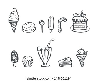 Sweet set hand-drawn doodle. Ice cream, cake, candy, muffins. Vector black and white contour isolated illustration.