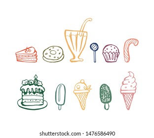 Sweet set hand-drawn doodle. Ice cream, cake, candy, muffins. Vector color isolated illustration.