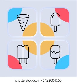 Sweet set line icon. Ice cream , lactose, dairy, frozen juice, cone, treat, sprinkles, frosting. Glassmorphism style. Vector line icon for business and advertising