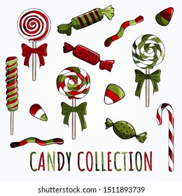 Sweet set. Lollipop, caramel, bar, candied fruit jelly, marmalade, candy cane, cake pop. Design elements for christmas card. Colorful vector illustration isolated on white background. Hand drawn. 