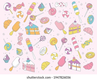 Sweet set in pink and candy doodle style