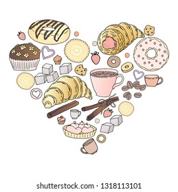 Sweet set for a romantic breakfast with aromatic coffee and fresh bakery products.