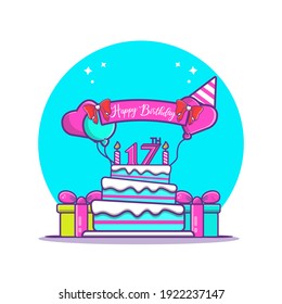 Sweet Seventeen Birthday Cake Cartoon Vector Icon Illustration. Education Object Icon Concept Isolated Premium Vector. Flat Cartoon Style