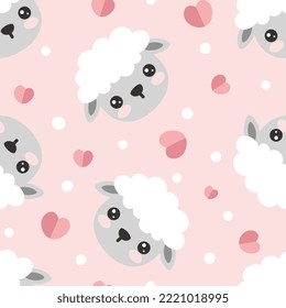 Sweet sheep face with big eyes and cheeks on a pastel pink background with hearts. Kids pajama, fabric and textile seamless pattern print. Baby products cover design.