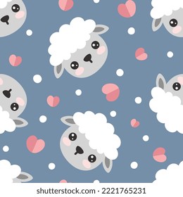 Sweet sheep face with big eyes and cheeks on a pastel deep blue background with hearts. Kids pajama, fabric and textile seamless pattern print. Baby products cover design.