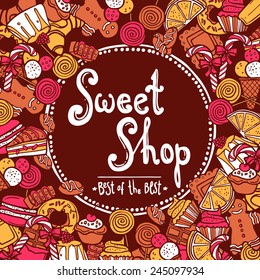 Sweet shop background with sketch cookies chocolate doughnut cupcake vector illustration