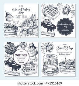 Sweet shop banner collection. Square banner set. Hand drawn cake, pie, ice cream and wafers. Engraved style illustration. Confectionery background. Linear graphic. Vintage design template.