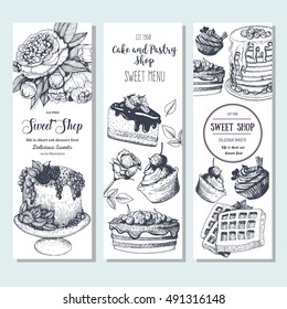 Sweet shop banner collection. Vertical banner set. Hand drawn cake, pie, ice cream and wafers. Engraved style illustration. Confectionery background. Linear graphic. Vintage design template.