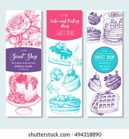 Sweet shop banner collection. Vertical banner set. Hand drawn cake, pie, ice cream and wafers. Engraved style illustration. Confectionery background. Linear graphic. Vintage design template.