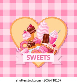 Sweet shop banner with sweets on pink checkered tablecloth.. Cute cartoon food stickers donut, ice cream, muffin, milkshake, macaroon and candies with pink and chocolate topping.Vector illustration