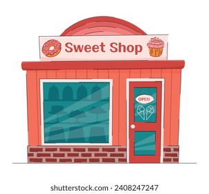 Sweet shop building facade. Cute little candy store with showcase