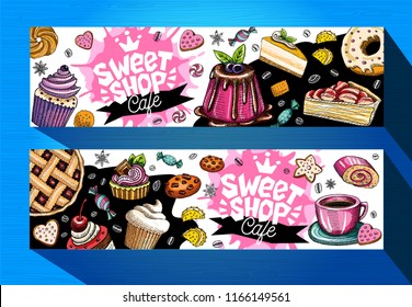 Sweet Shop Cafe Banners Template. Colorful Sweets Labels, Emblem. Lettering, Design, Pastry, Croissant, Candy, Cookie, Colorful, Splash, Coffee, Doodle, Yummy. Hand Drawn Vector Illustration