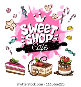 Sweet shop cafe logo design label, emblem. Lettering, sweets, pastry, rolling pin, candy, cookie colorful, splash, coffee beans, doodle, yummy. Hand drawn vector illustration.