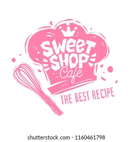 Sweet shop cafe logo label emblem design. The best recipe, chef hat, pink, crown. Hand drawn vector illustration.