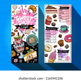 Sweet shop cafe menu template. Colorful logo design label, emblem. Lettering, sweets, pastry, croissant, candy, cookie colorful, splash, coffee, doodle, yummy. Hand drawn vector illustration