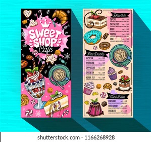 Sweet shop cafe menu template. Colorful logo design label, emblem. Lettering, sweets, pastry, croissant, candy, cookie colorful, splash, coffee, doodle, yummy. Hand drawn vector illustration