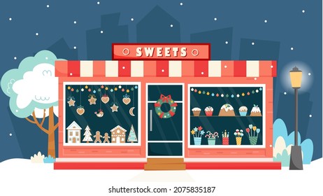 Sweet Shop, Candy Store, Confectionery, Bakery With Christmas Decoration. Shops Front View. Gingerbread, Sweets, Gingerbread House, Lollipop, Cake, Wreath, Gerland. Vector Illustration In Flat Style. 