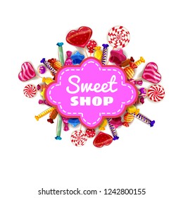 Sweet Shop Candy template set of different colors of candy, candy, sweets, chocolate candy, jelly beans. Background, poster, banner, vector, isolated, cartoon style