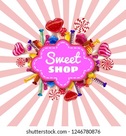 Sweet Shop Candy template set of different colors of candy, candy, sweets, chocolate candy, jelly beans. Background, poster, banner, vector, isolated, cartoon style