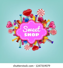 Sweet Shop Candy template set of different colors of candy, candy, sweets, chocolate candy, jelly beans. Background, poster, banner, vector, isolated, cartoon style