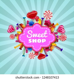 Sweet Shop Candy template set of different colors of candy, candy, sweets, chocolate candy, jelly beans. Background, poster, banner, vector, isolated, cartoon style