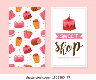 Sweet Shop Card Template, Bakery, Candy Shop, Cafe, Confectionery Design Cartoon Vector Illustration