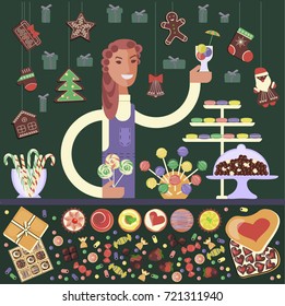 Sweet shop and Cartoon character female seller with foodstuffs pastries, candies, Christmas Gingerbreads and honey-cakes. Vector illustration eps 10