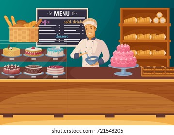 Sweet shop cartoon composition with  smiling confectioner near counter and showcase with cakes and bread vector illustration