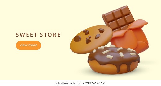 Sweet shop, confectionery. Color banner for social networks. Advertising on Internet. Sweet pastry with chocolate crumbs and glaze. 3D illustration, link button, place for text