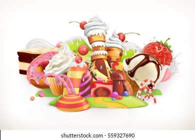 Sweet shop. Confectionery and desserts, 3d vector illustration